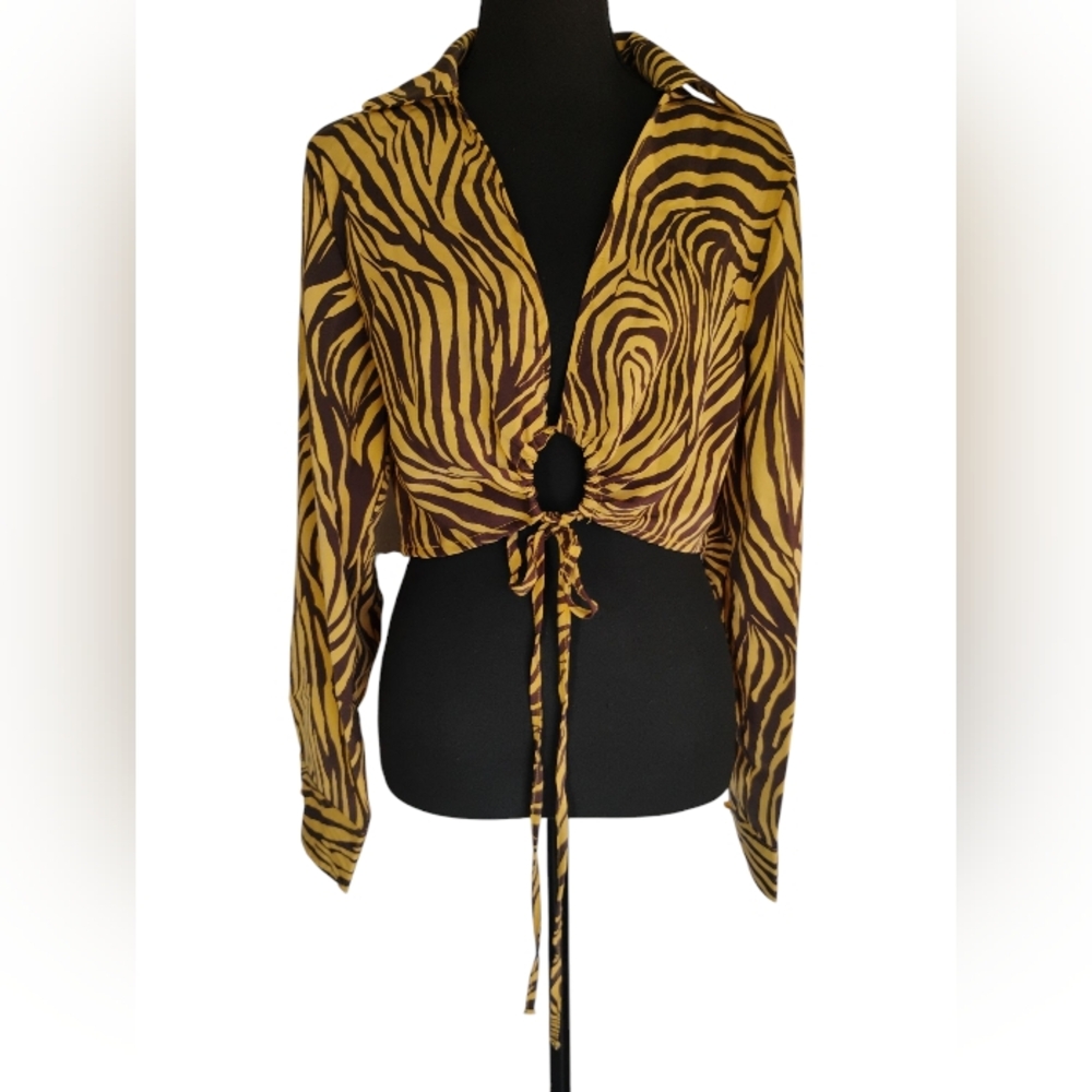 Pretty Garbage Crop Top Zebra Print Long sleeves Ties Collar Sz L SHEER I-4